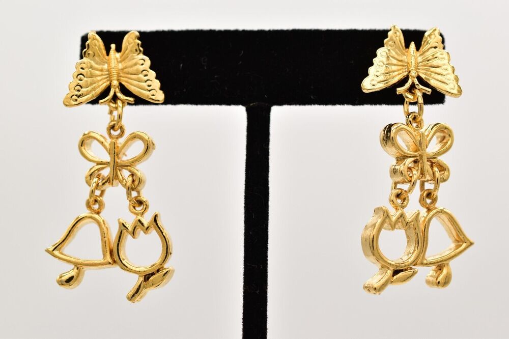 Vintage Dangle Earrings Butterfly Flower Mushroom Gold Tone Shiny 1990s BinBF